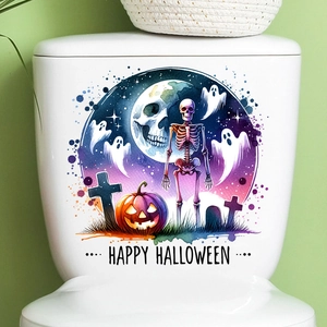 Detail view of Halloween toilet sticker with pumpkin, skull, and Happy Halloween text