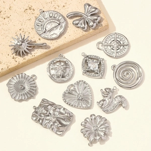 Silver stainless steel charms set with zircon inlay including squirrel and clover patterns