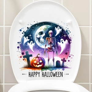 Detail of Halloween toilet lid sticker with pumpkin, skull, and moon on a white toilet
