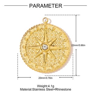 Detailed size parameter view of gold stainless steel compass pendant with rhinestone