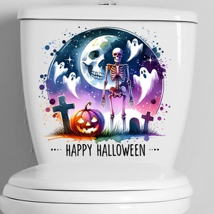 Detail of Halloween toilet stickers with skull, ghost and pumpkin on white tank