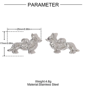 Afmetingen van roestvrijstalen corgi-hanger met details over maat en 4,6g gewicht