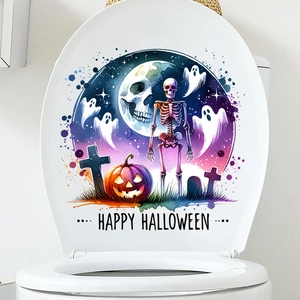 Waterproof Halloween toilet lid sticker featuring skull, pumpkin, and ghost watercolor designs