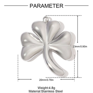 Detailed dimension view of silver stainless steel clover pendant with size measurements