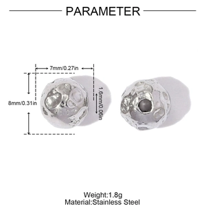 Polished stainless steel beads with hammered texture showing 8mm diameter specifications