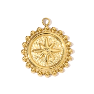 Detailed close-up of golden stainless steel octagram star compass pendant with beaded edge