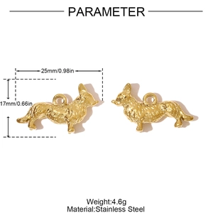 Macro detail van twee Corgi hondenhangers in goud roestvrij staal met exacte afmetingen