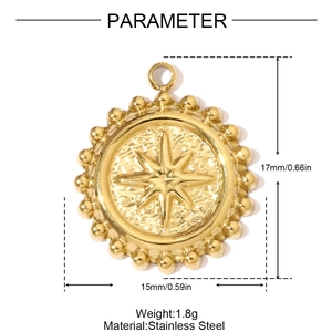 Detailed view of 15mm stainless steel star compass pendant with exact product dimensions