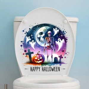 Waterproof Halloween toilet decal with watercolor pumpkin skull and ghost design