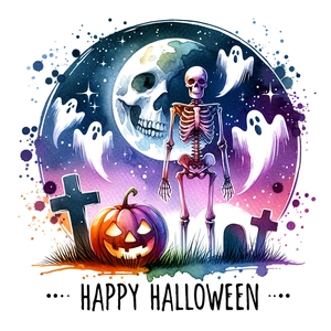 Artistic watercolor Halloween toilet sticker with spooky skeletons, ghosts and moon