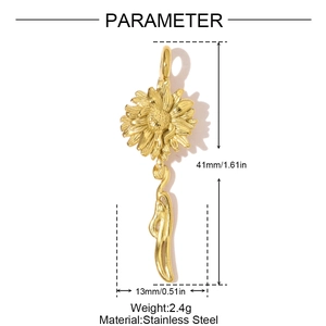 Dettagli del ciondolo a girasole con dimensioni di 41 mm di altezza e 13 mm di larghezza
