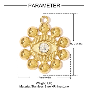 Detailed size chart of gold stainless steel sunburst pendant with crystal center