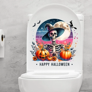 Close-up of Happy Halloween toilet stickers with pumpkin skull and bat illustration