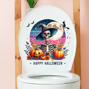 Close-up of Halloween toilet sticker with skull, pumpkin and Happy Halloween text