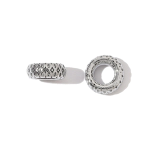 Detailed close-up of two polished stainless steel infinity hollow charms for DIY jewelry