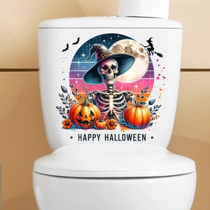 Detail view of a watercolor skull and pumpkin Halloween sticker on a white toilet tank