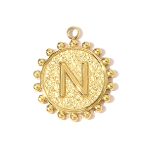 Detailed close-up of a gold-plated coin pendant featuring letter N with beaded edge design