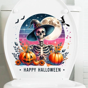 Detail of Halloween toilet sticker with skull, pumpkin and Happy Halloween text