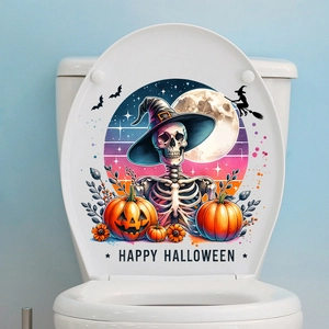 Detail of Halloween toilet stickers with skeleton, pumpkin, bats and Happy Halloween text