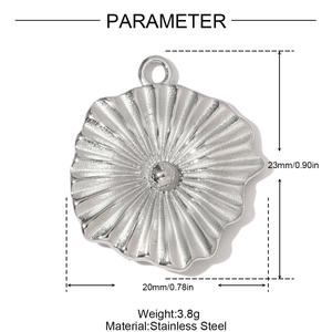 Detailed view of silver stainless steel flower pendant with dimensions and specifications