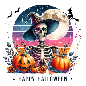 Detail of Halloween toilet sticker with skeleton, pumpkin lantern and Happy Halloween text