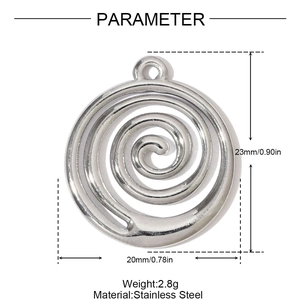 Technical size guide for silver stainless steel spiral pendant showing dimensions and weight