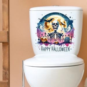 Detail showing waterproof Halloween toilet stickers with skull, pumpkin, and bat designs