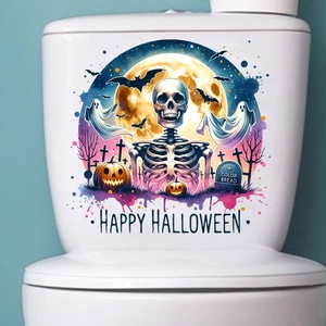 Close-up of Halloween toilet decals featuring skeletons, pumpkins, and ghosts for bathroom decor