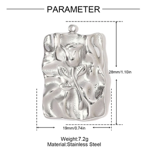 Detailed view of silver stainless steel rectangular pendant with rose relief and dimensions