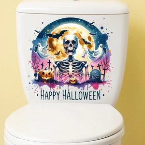 Detail of waterproof Halloween toilet stickers with skeletons and pumpkins on a white tank