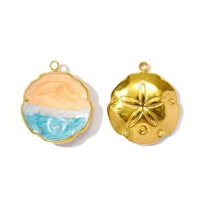 Pendentif en acier inoxydable doré avec émail plage double face et motif d'étoile de mer