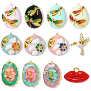 Vintage Stainless Steel Enamel Flower Dragonfly Hummingbird Rose Pendant For DIY Jewelry Making Vintage Charms For Women Gift