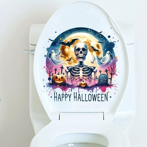 Detail of waterproof Halloween toilet stickers with skull, bats and pumpkin design