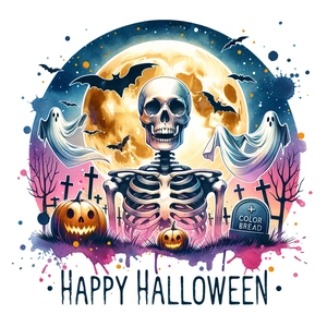 Waterproof Halloween wall sticker showing bats, pumpkin, and ghost in watercolor style