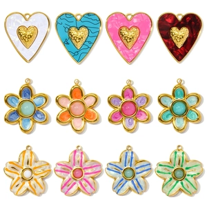 French Vintage Stainless Steel Resin Enamel Natural Stone Heart Flower Pendants For DIY Jewelry Making Women Accessories