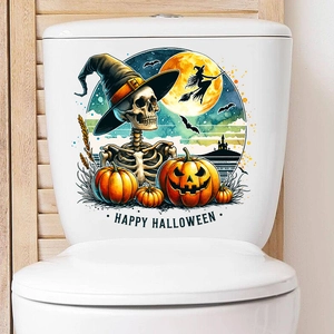 Detail of Halloween toilet stickers featuring skull, pumpkin, and castle on white tank
