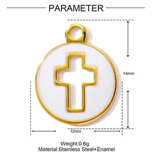 Vue détaillée d'un pendentif croix rond en acier inoxydable avec émail blanc et dimensions