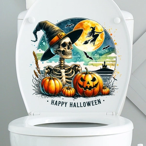 Halloween toilet seat decal featuring watercolor skull, pumpkin, and witch decorations