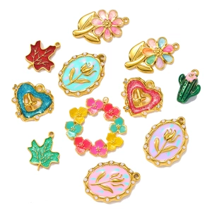 11-piece gold titanium steel pendant set with colorful flower leaf and heart charms