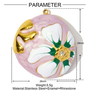 Detailed parameter view of a 26mm enamel floral pendant with rhinestone and gold accents