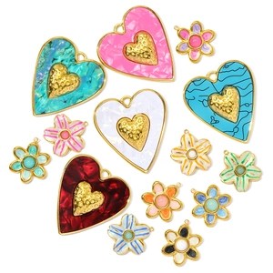 French style heart and flower pendants with colorful resin and stainless steel details