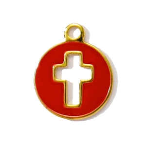 Détail du pendentif croix en émail rouge avec cadre doré en acier pour bijoux DIY