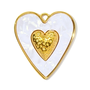 French style double heart pendant in gold finish with white resin and hammered texture