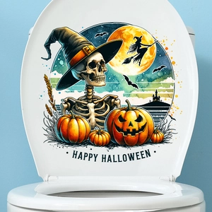Waterproof Halloween toilet seat sticker with pumpkin, skull and bat festive decorations