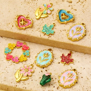 Colorful enamel flower and cactus charms in gold stainless steel for DIY jewelry making