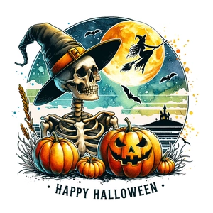 Detail of Halloween toilet sticker with pumpkins, skulls, bats and Happy Halloween text