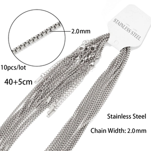 Set di 10 catene box in acciaio inossidabile argento, larghezza 2,0 mm, 40+5 cm