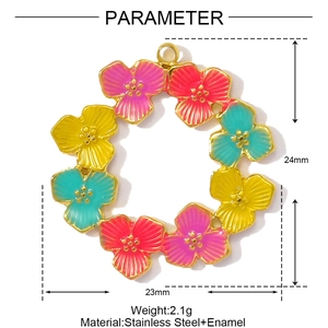 Detail view of 24mm stainless steel flower wreath pendant with colorful enamel petals