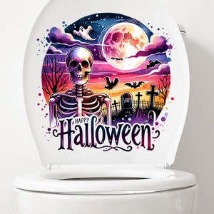 Detail of waterproof Halloween toilet lid sticker with skull and bats on purple moon background