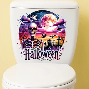 Detail of waterproof Halloween toilet decal with skull, bats, and Happy Halloween text